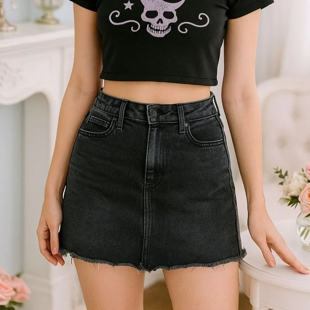 Just Black XS Jean Skirt Released Hem Stretch Casual Retro Classic Denim Black